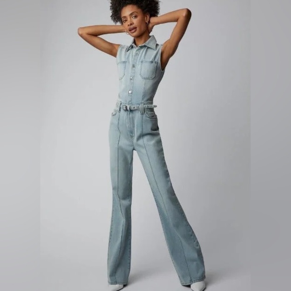Current Elliott Zenith Washed Blue DenimWide Flare Sleeveless  Belted Jumpsuit